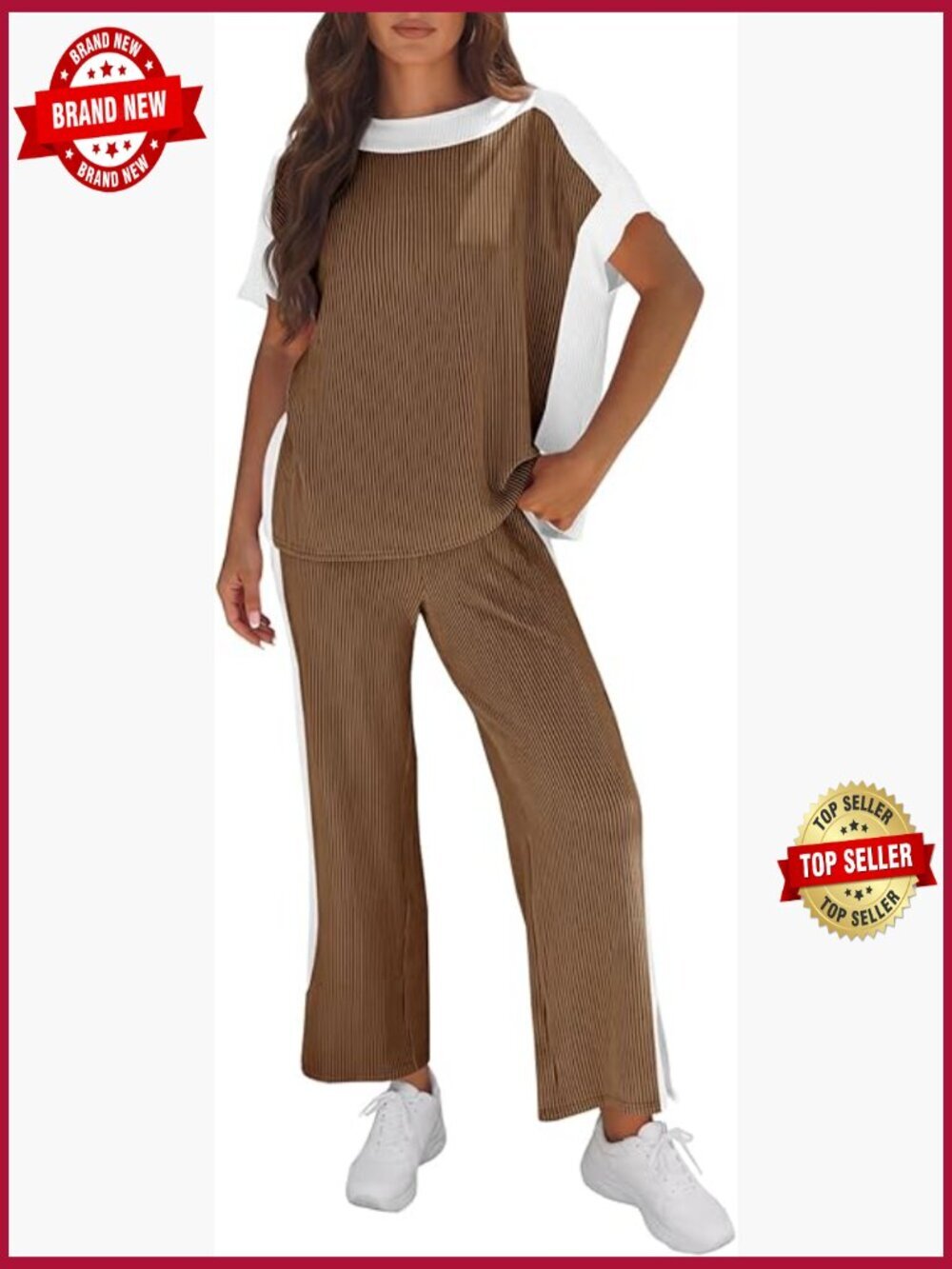 2 Piece Lounge Set Textured Short Sleeve Top Wide Leg Pants Casual Travel
